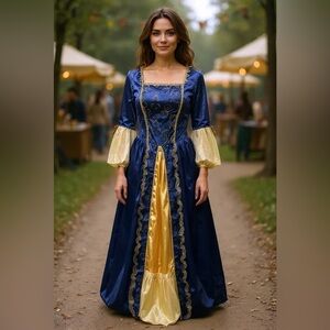 Elegant Blue & Gold Renaissance Gown Costume- Halloween, Cosplay. Women’s Large